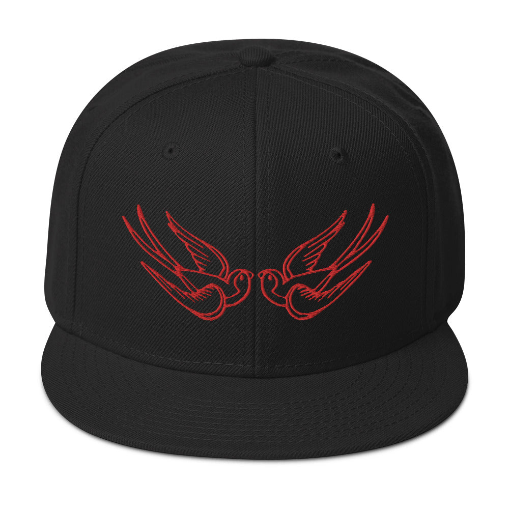 Red Falling Sparrows Tattoo Style Bird Embroidered Flat Bill Cap embroidered snapback hat, product image 4