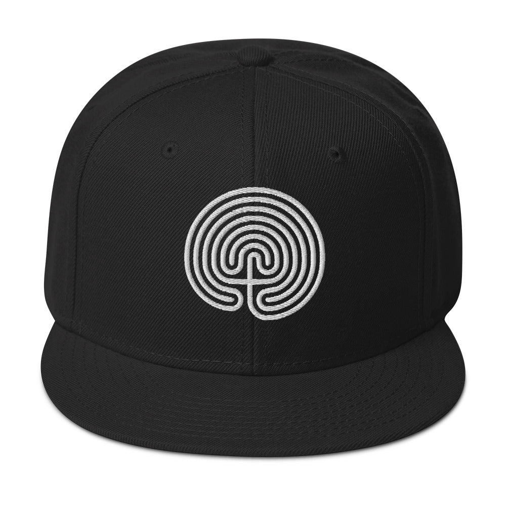 Ancient Labyrinth Maze Symbol Flat Bill Cap embroidered snapback hat, product image 1