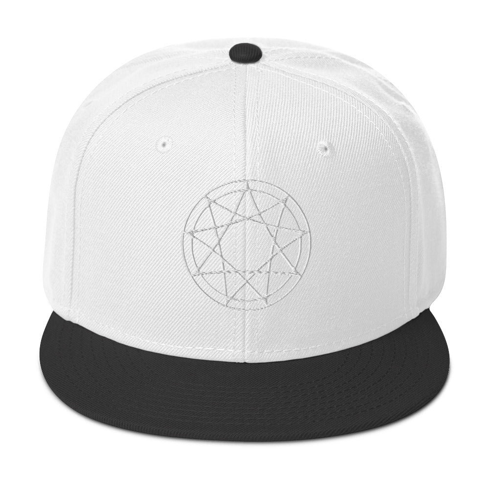 White 9 Point Star Pentagram Occult Symbol Embroidered Flat Bill Cap Snapback Hat