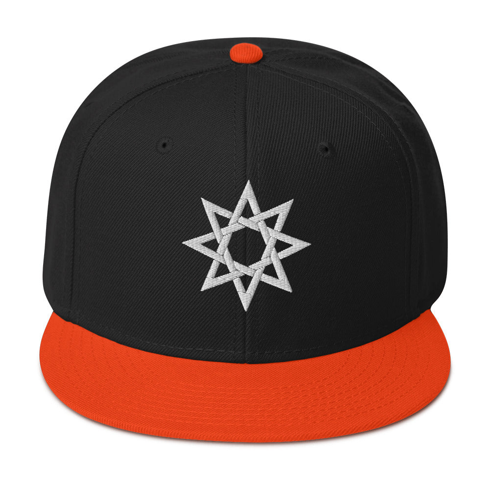 White 8 Point Star Octagram Anu God Embroidered Flat Bill Cap Snapback Hat