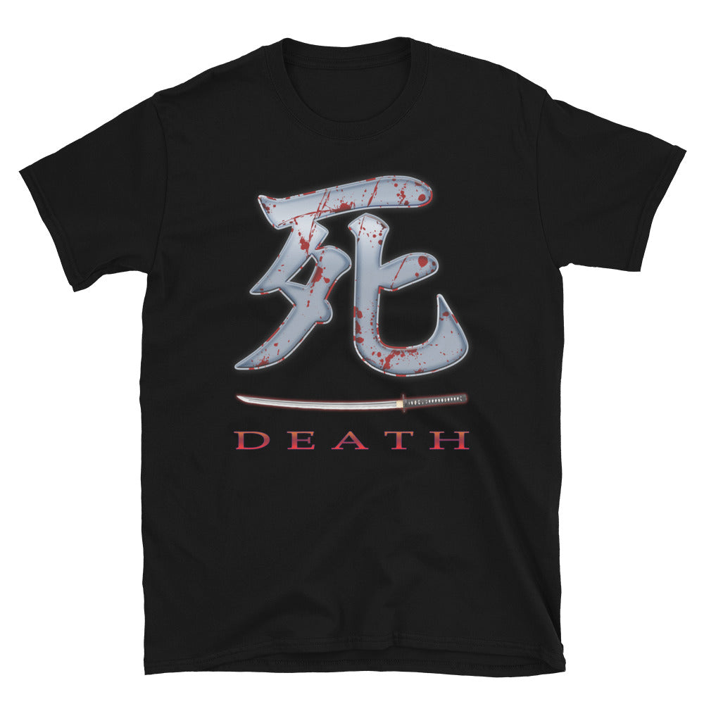 Death Kanji Bloody Sword design on unisex T-shirt, front view