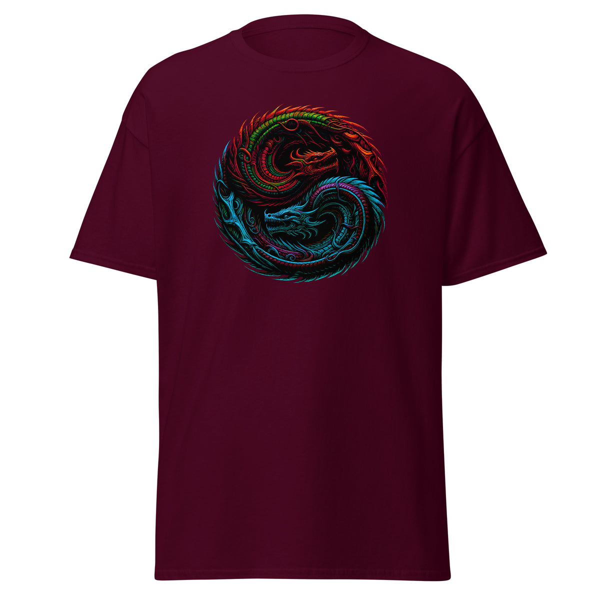 Yin Yang Chinese Dragon Fire and Ice design on unisex T-shirt, front view
