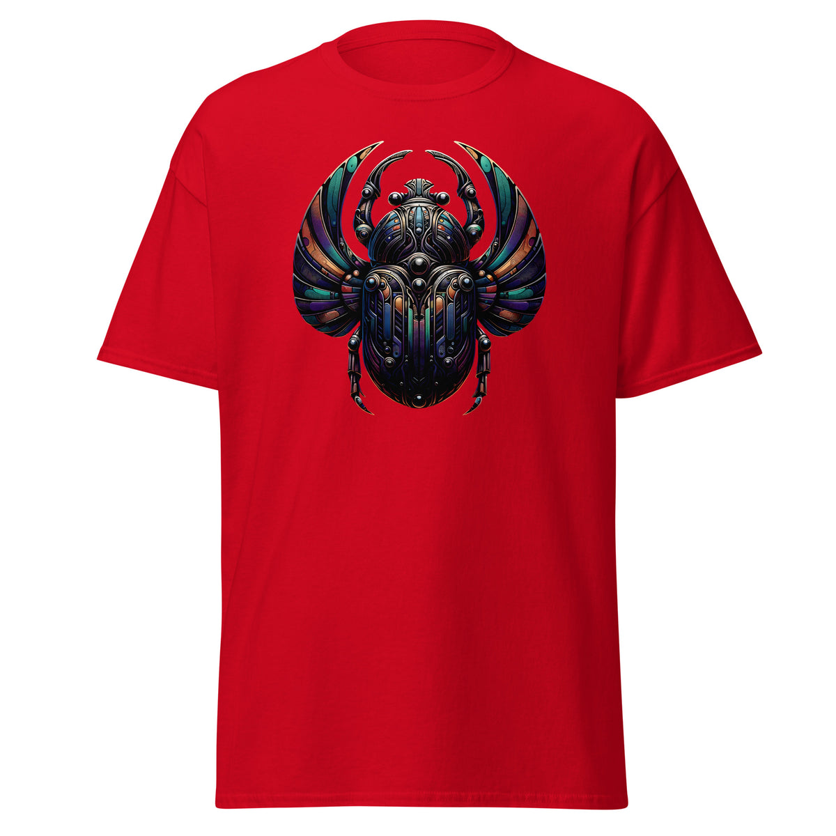Mechanical Scarab Beetle Occult Symbol design on unisex T-shirt, front view
