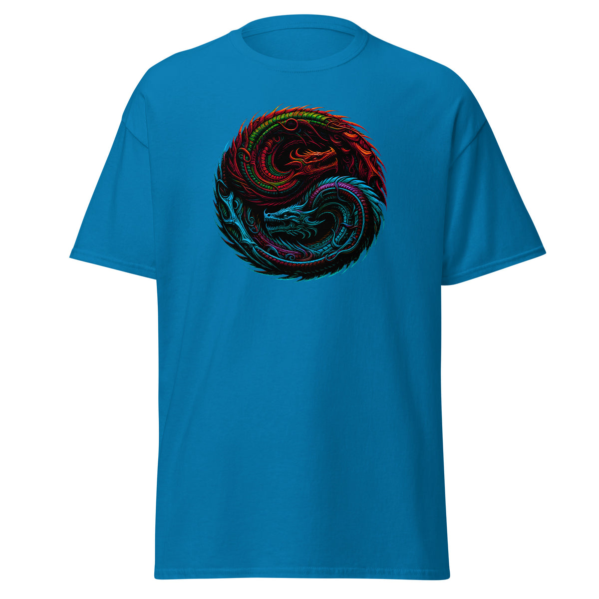 Yin Yang Chinese Dragon Fire and Ice design on unisex T-shirt, front view