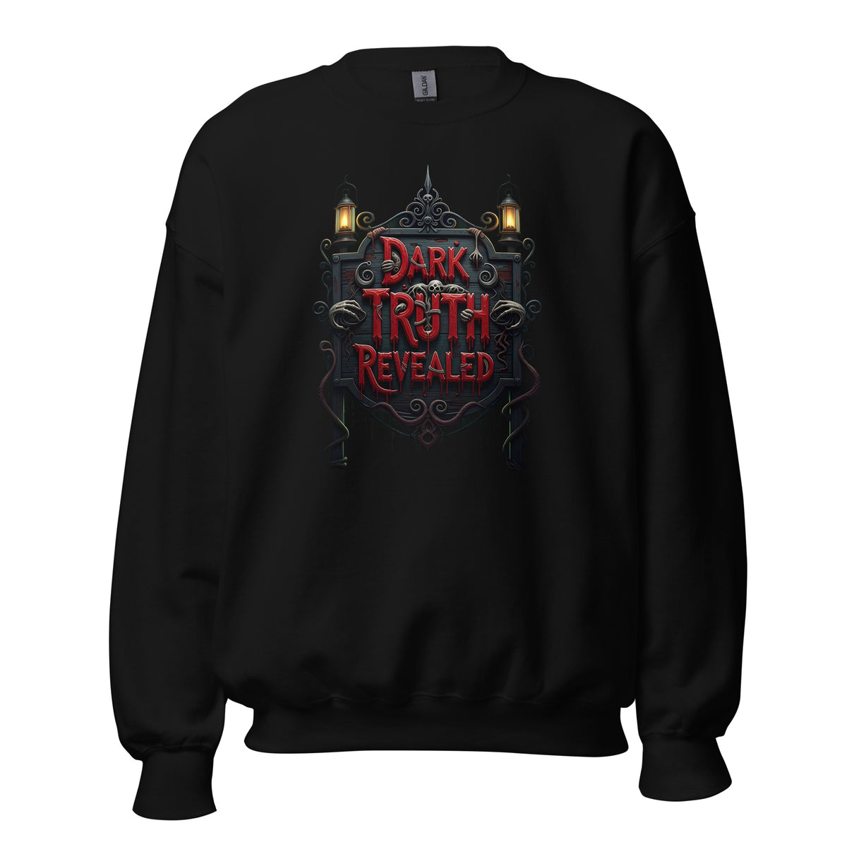 Dark Truth Revealed design on unisex crewneck sweater, front view