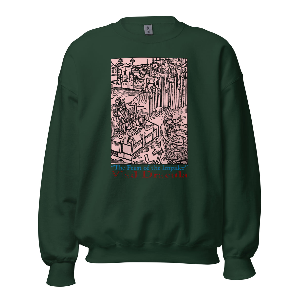 Feast of the Impaler design on unisex crewneck sweater, front view
