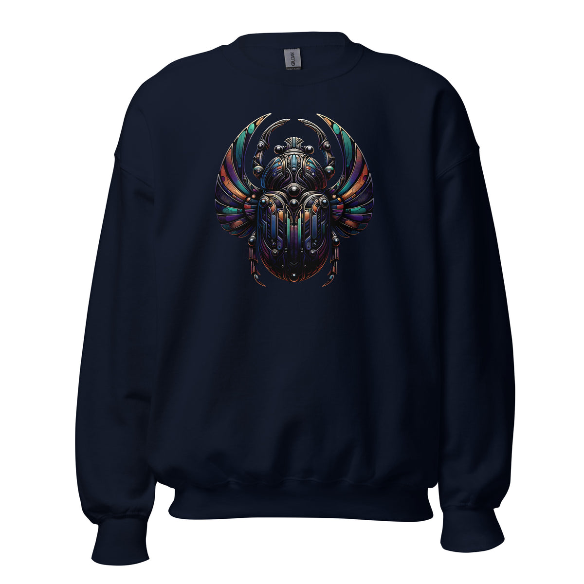 Mechanical Scarab Beetle design on unisex crewneck sweater, front view