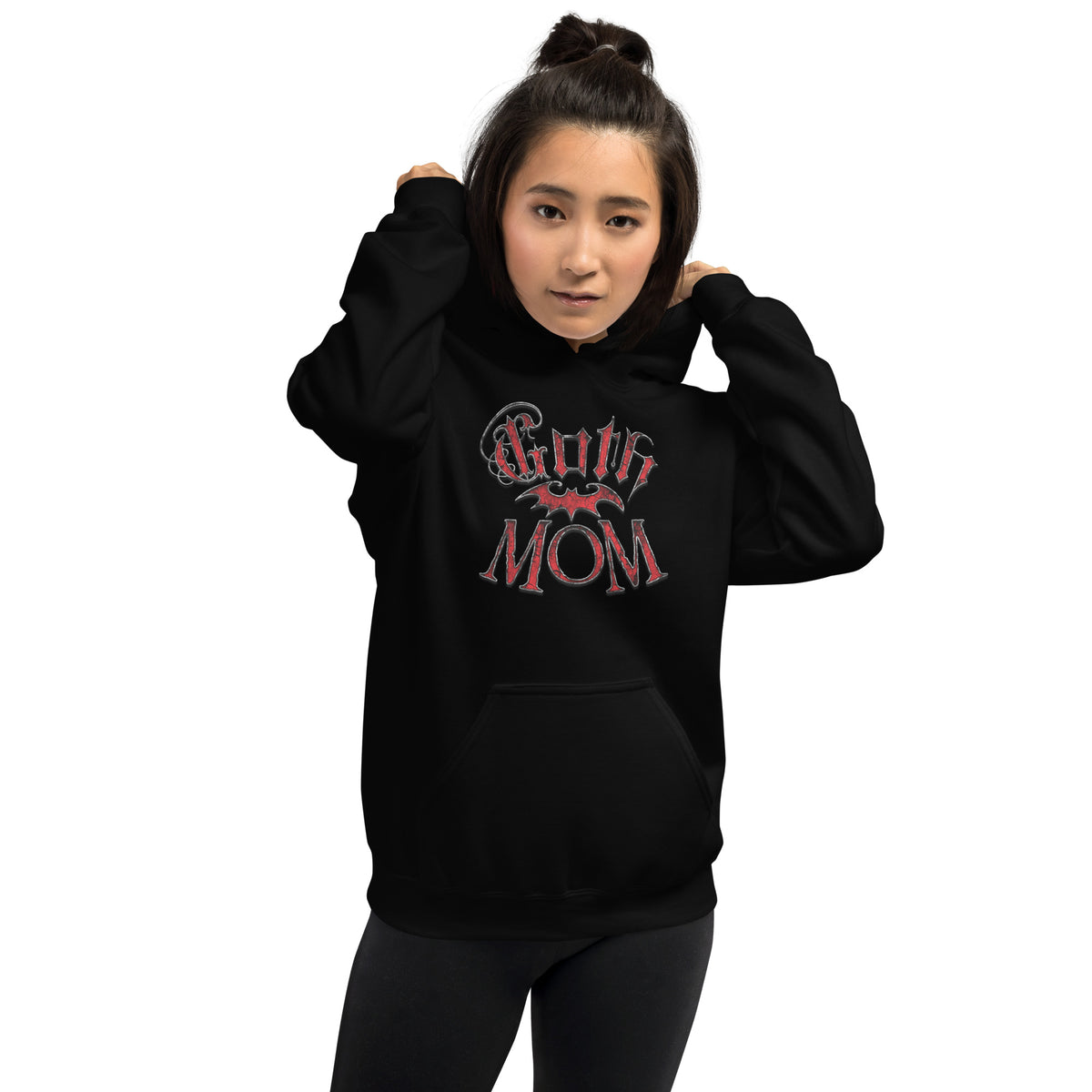 Red Goth Mom Bat design on unisex hoodie, front view