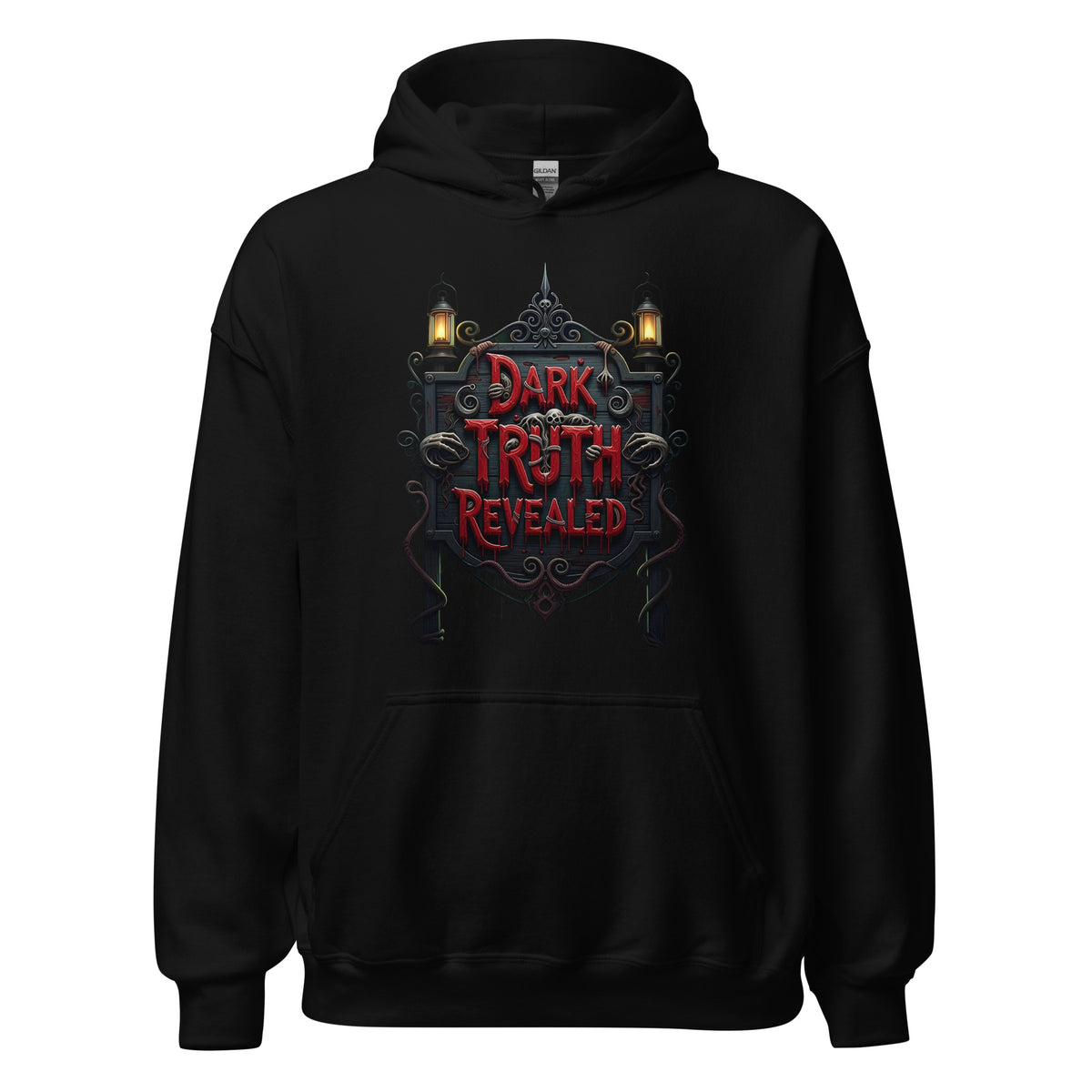 Dark Truth Revealed design on unisex hoodie, front view