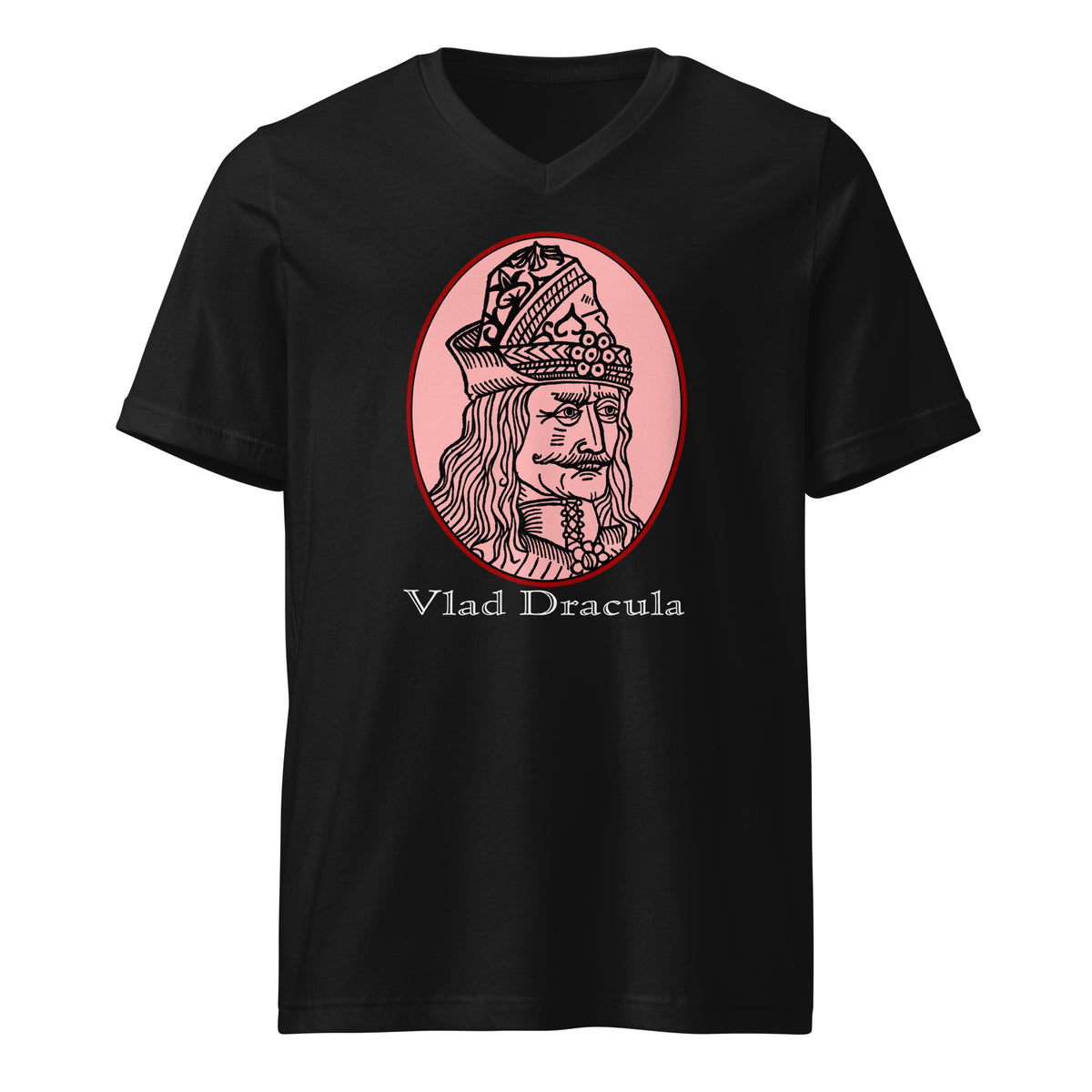 Vlad the Impaler design on unisex V-neck shirt, front view