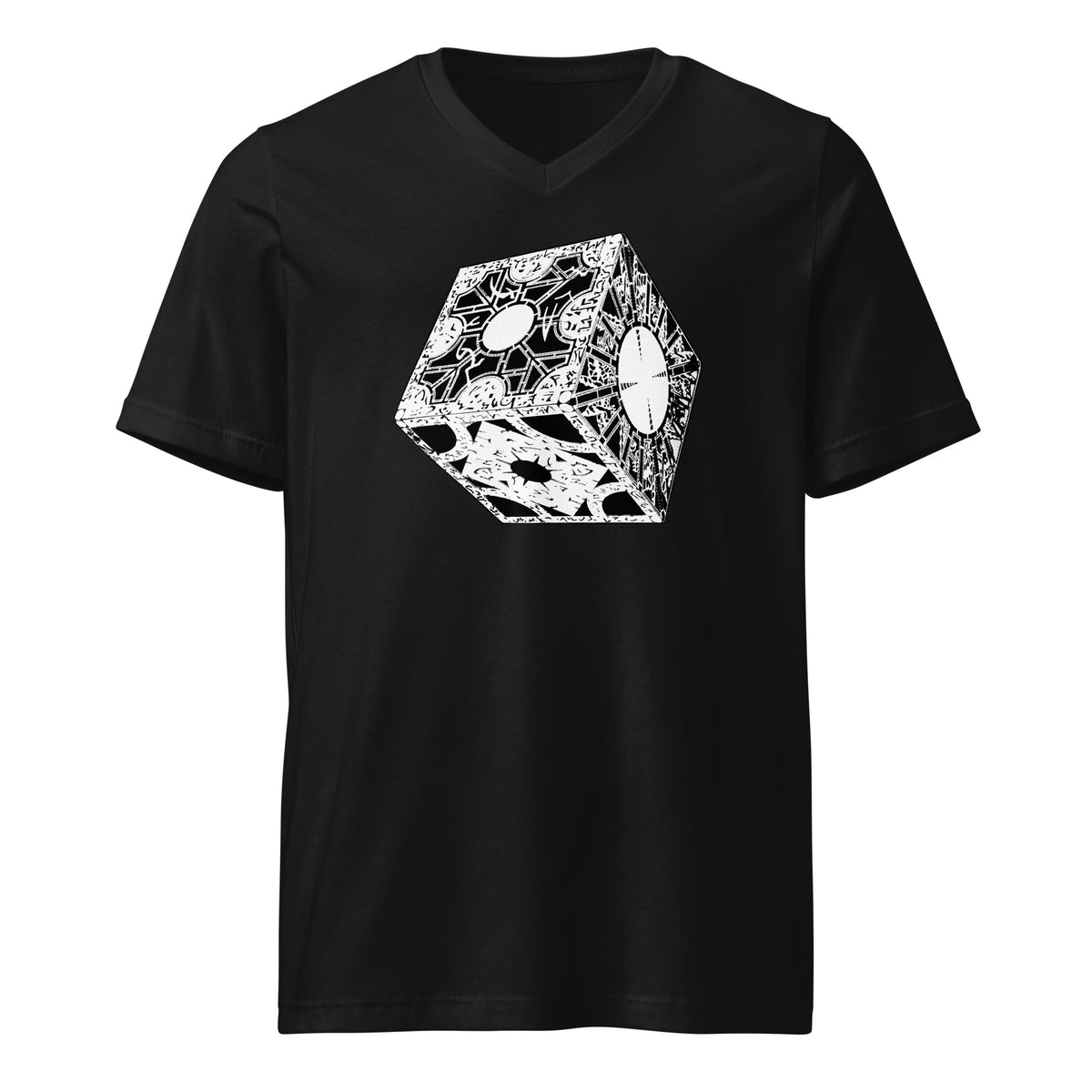 Lament Configuration design on unisex V-neck shirt, front view