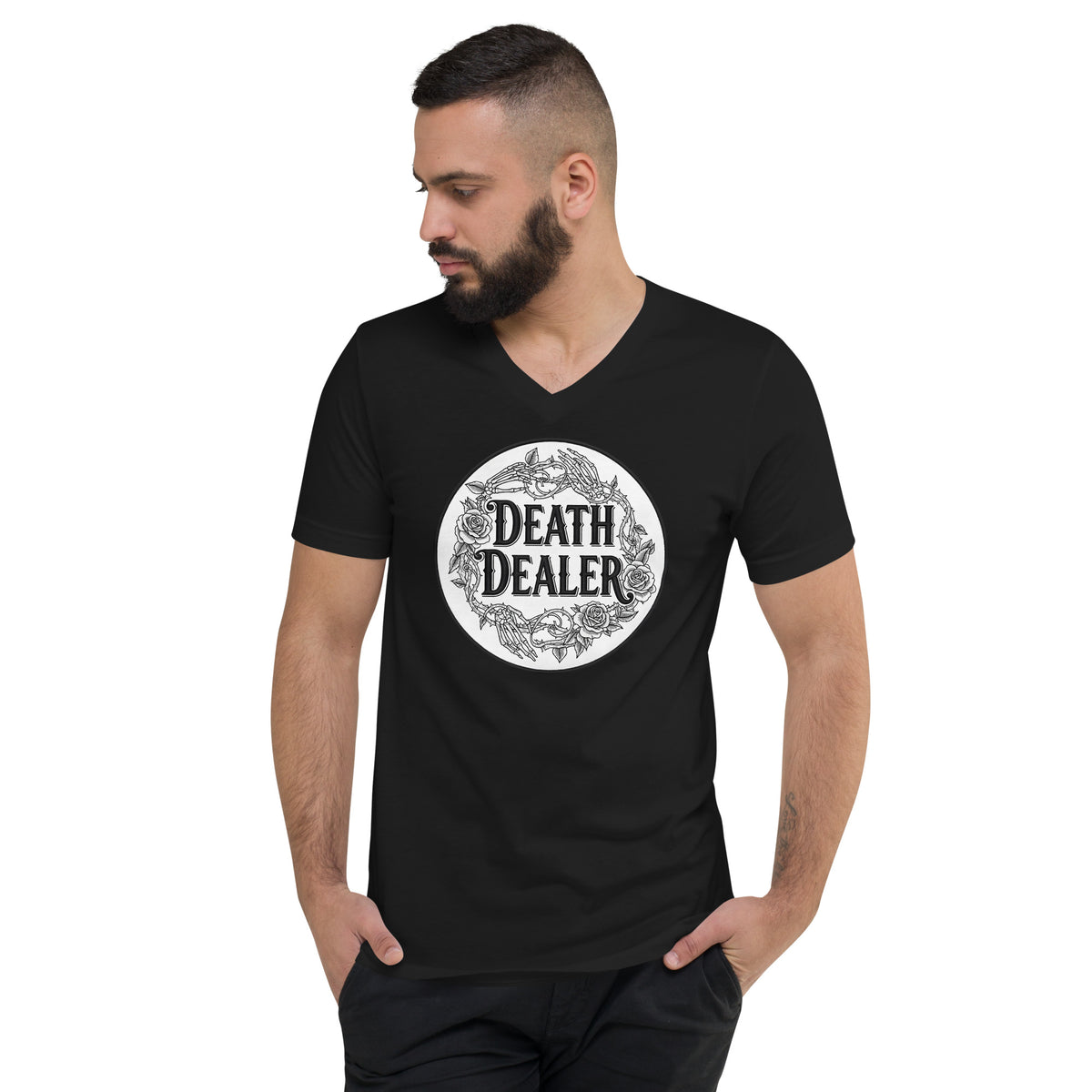 Death Dealer design on unisex V-neck shirt, front view