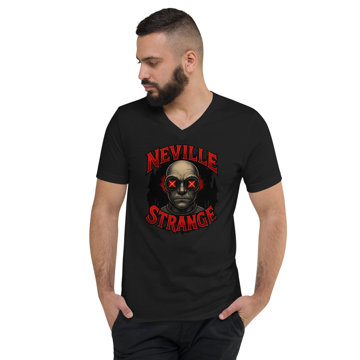 Neville Strange Future Corpses design on unisex V-neck shirt, front view