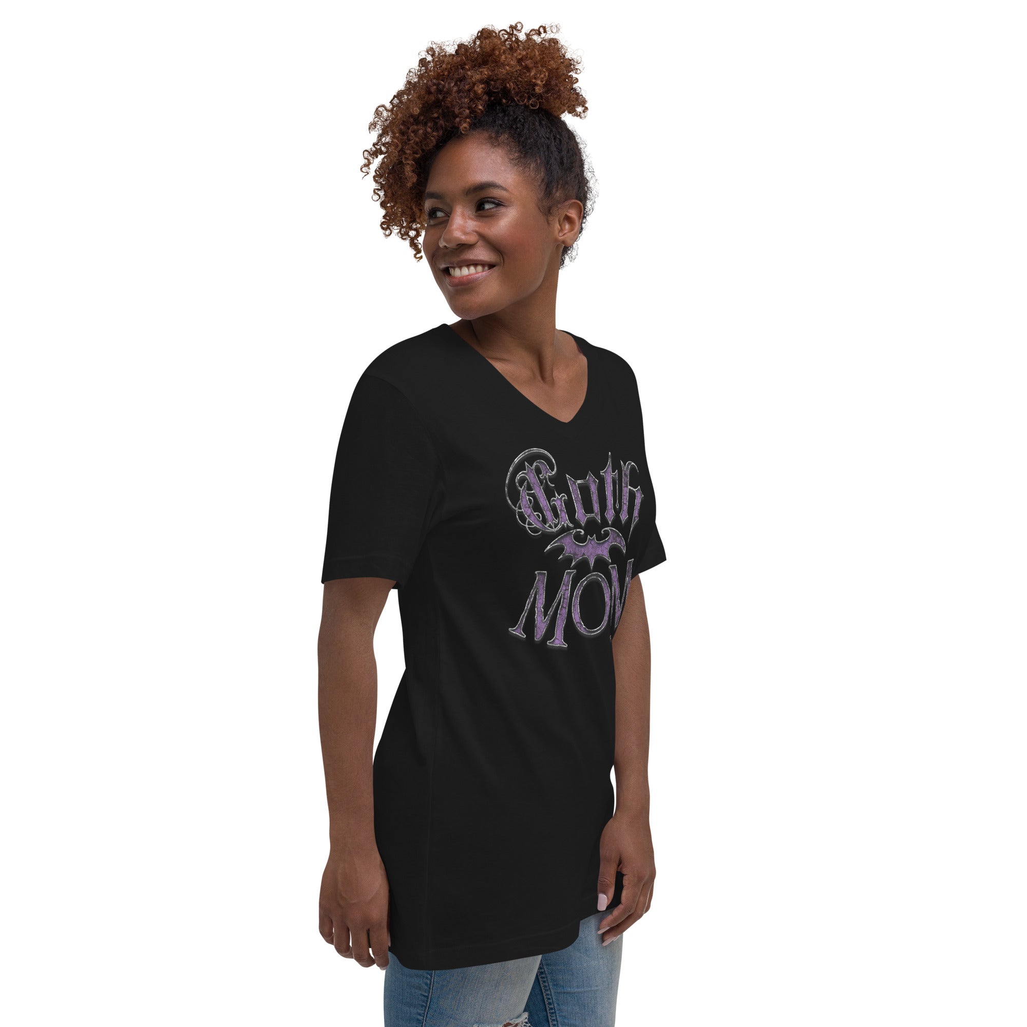 Purple Goth Mom with Bat Mother's Day Short Sleeve V-Neck T-Shirt