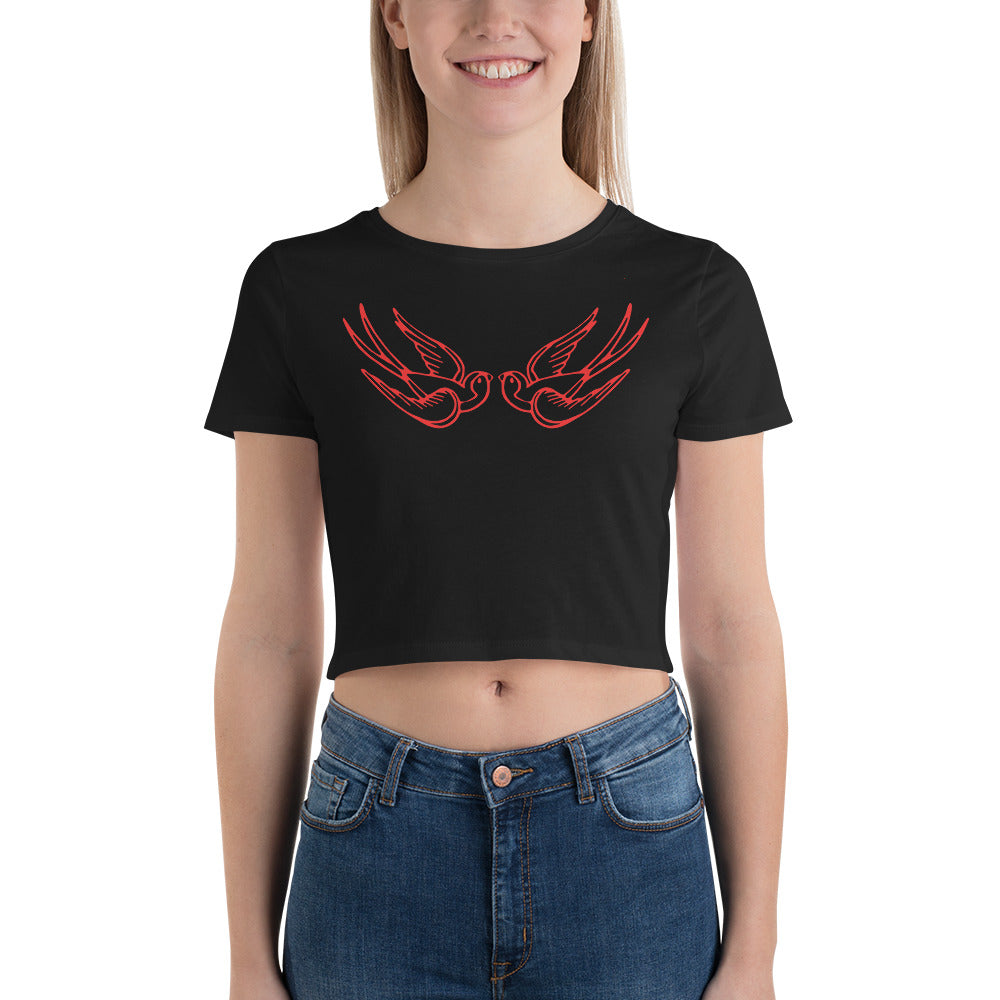 Red Falling Sparrows Tattoo Style Bird Women’s Crop Tee