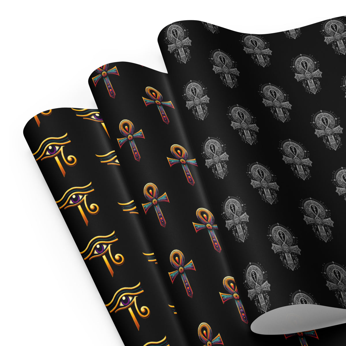Eye of Ra & Ankh pattern on wrapping paper sheets, front product mockup