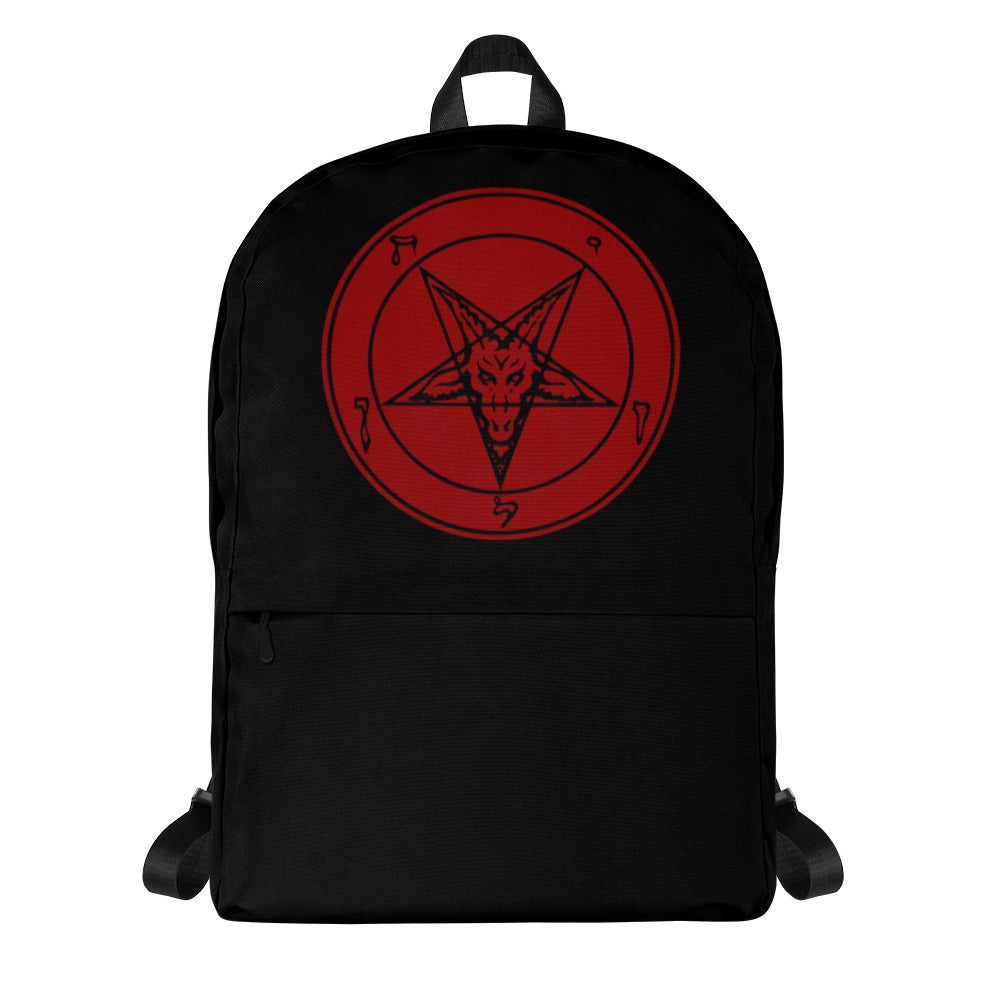 Red Sigil of Baphomet artwork on unisex backpack, front view