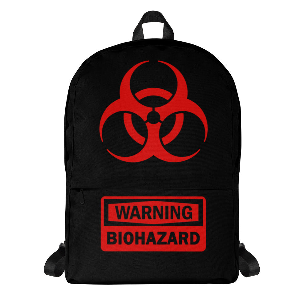 Red Biohazard Warning artwork on unisex backpack, front view