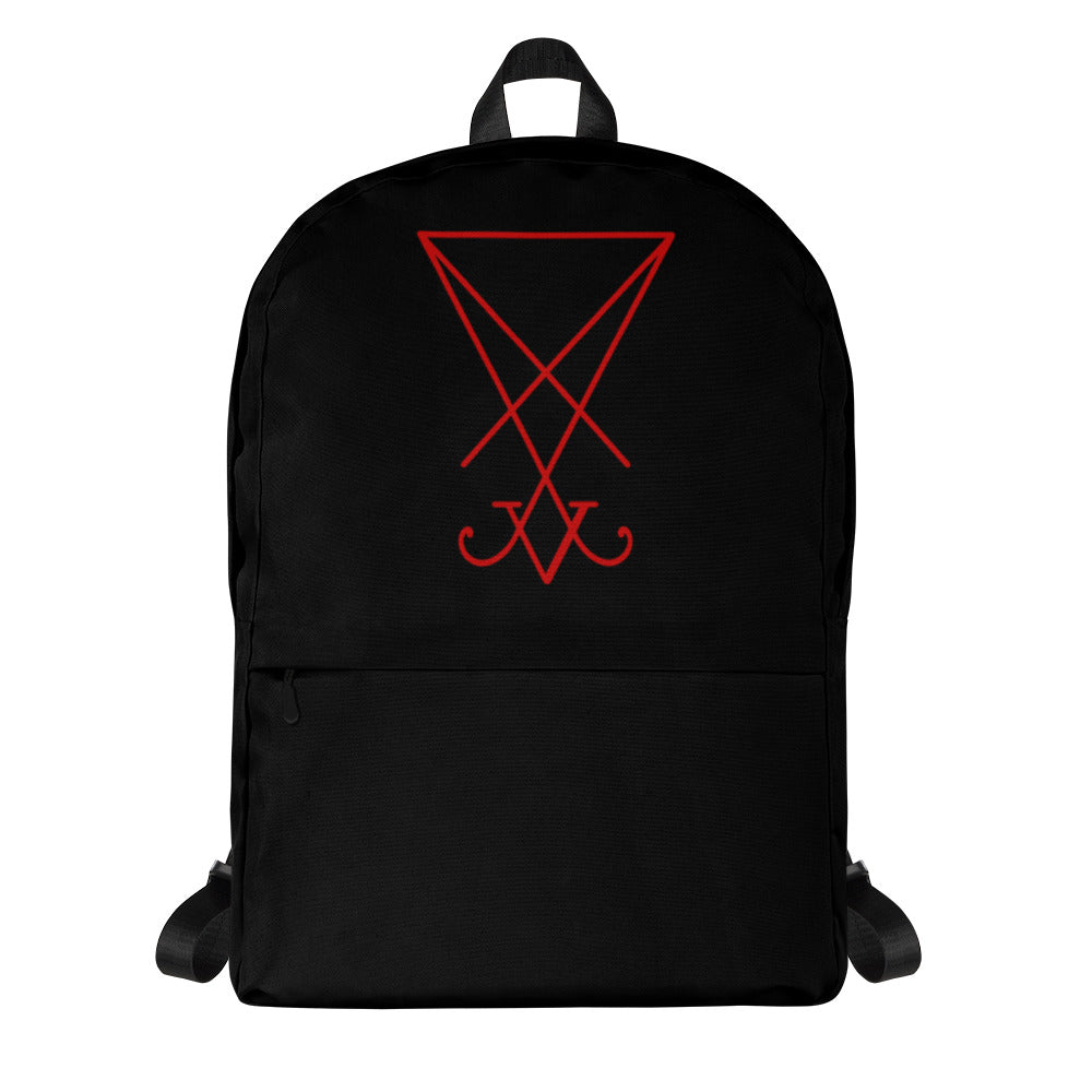 Red Sigil of Lucifer artwork on unisex backpack, front view