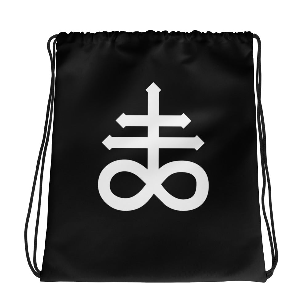 Leviathan Cross graphic on black unisex drawstring cinch bag, front view