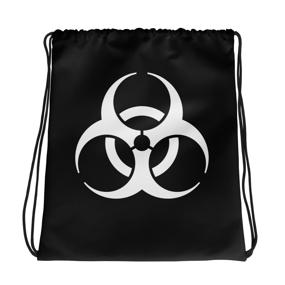 White Biohazard Warning graphic on black unisex drawstring cinch bag, front view