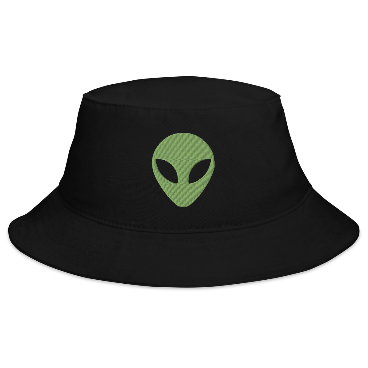 Black bucket hat with Alien Face Little Green Men embroidered artwork, front view