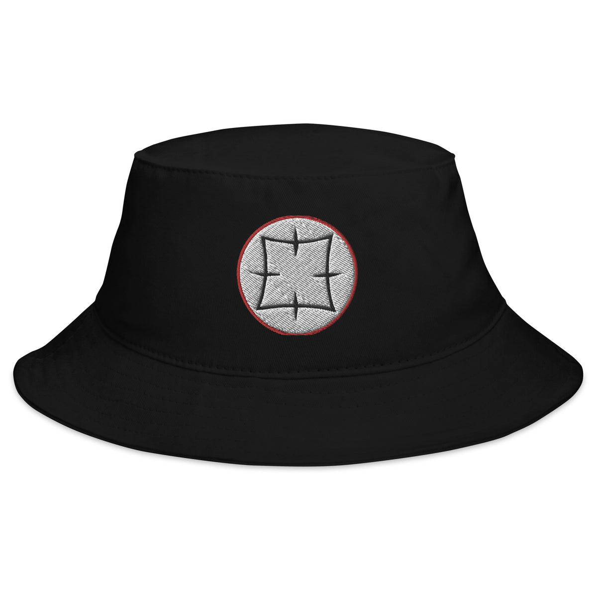 Black bucket hat with Ancient Japanese Symbol embroidered artwork, front view