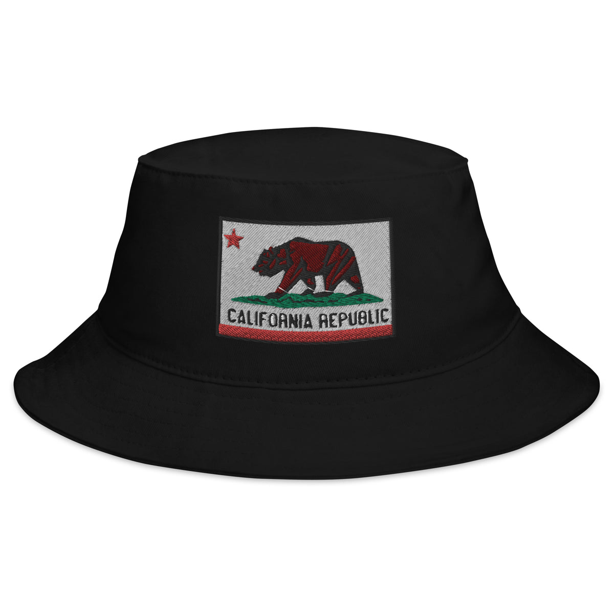 Black bucket hat with California U.S. State Flag embroidered artwork, front view