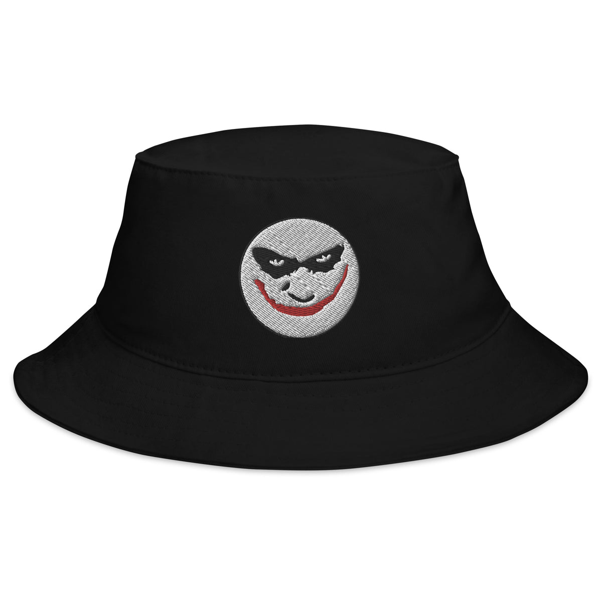 Black bucket hat with Evil Grin Joker embroidered artwork, front view