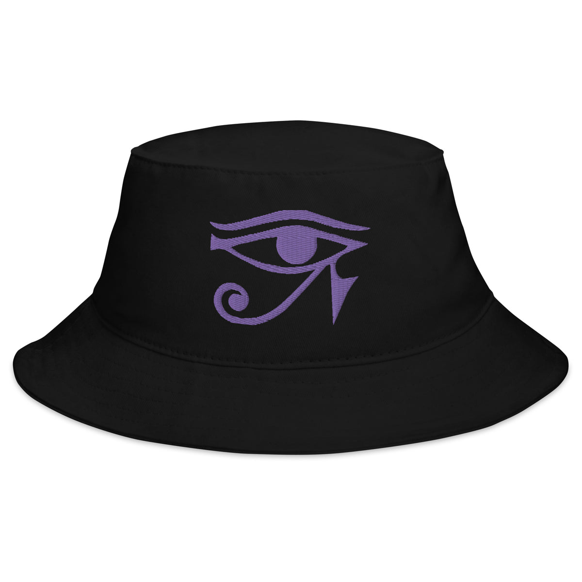 Black bucket hat with Purple Eye of Ra Egyptian Goddess embroidered artwork, front view
