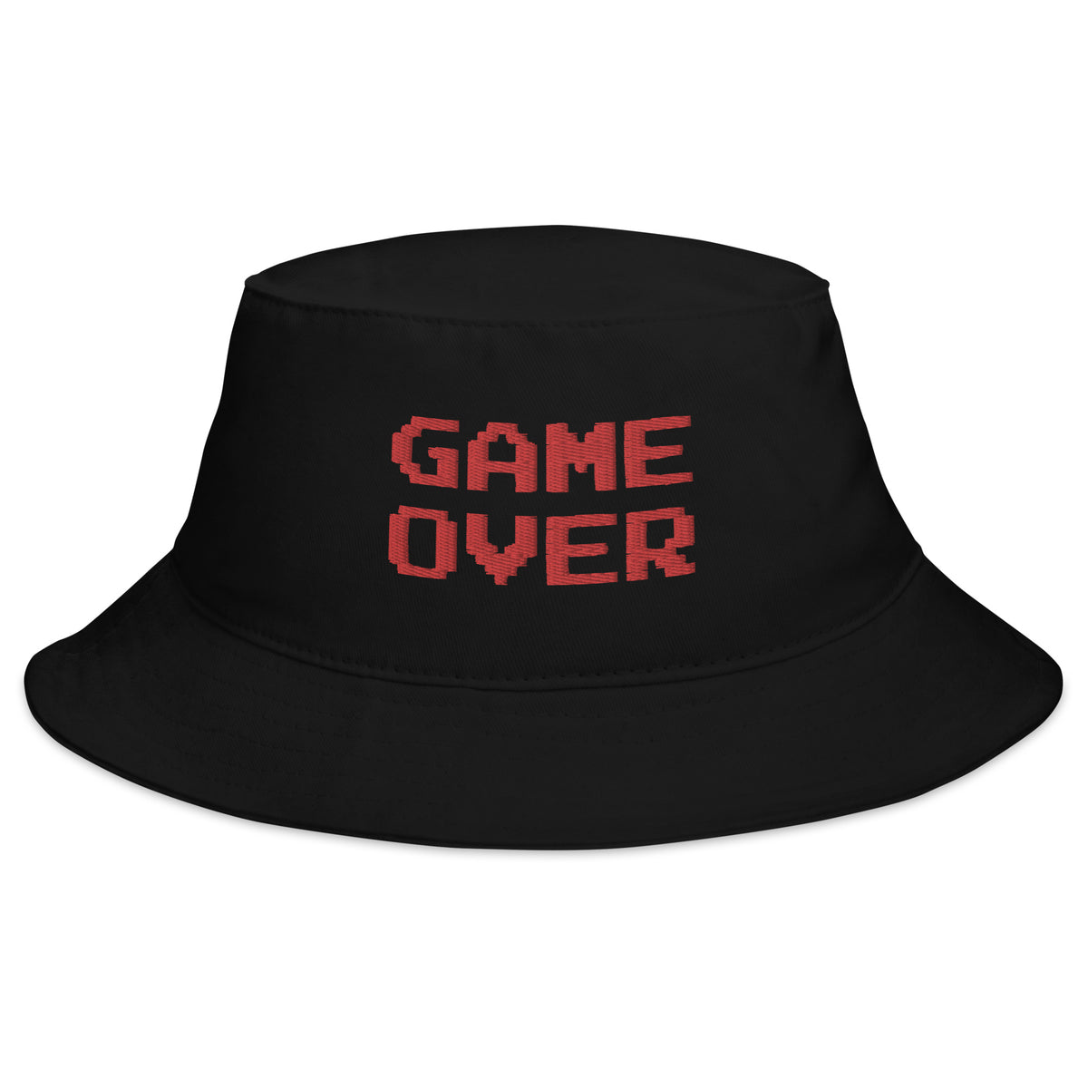 Black bucket hat with Red Game Over 8 Bit embroidered artwork, front view