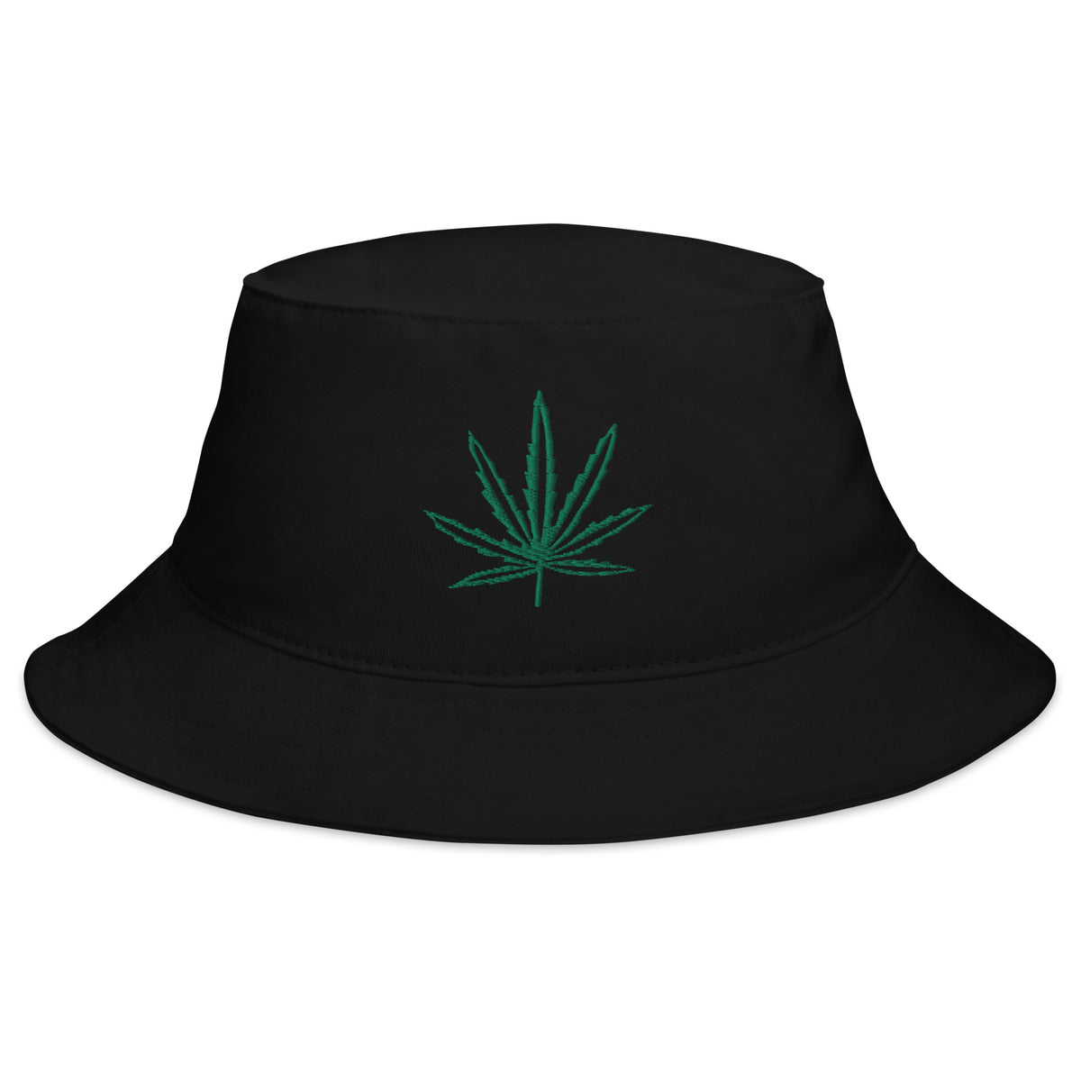 Black bucket hat with Legalize Marijuana Cannabis Pot Leaf embroidered artwork, front view