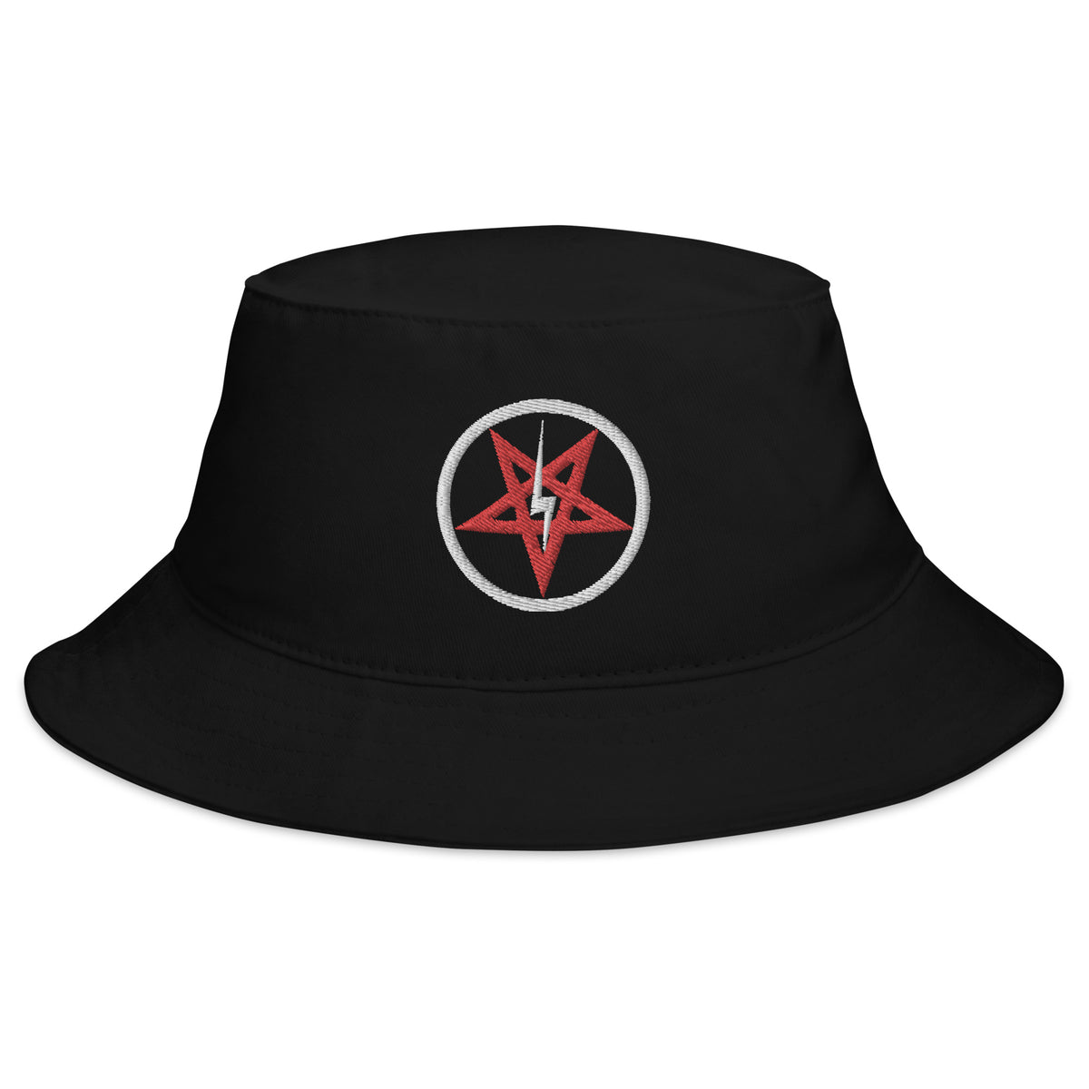 Black bucket hat with Lightning Bolt Inverted Pentagram Occult Symbol embroidered artwork, front view