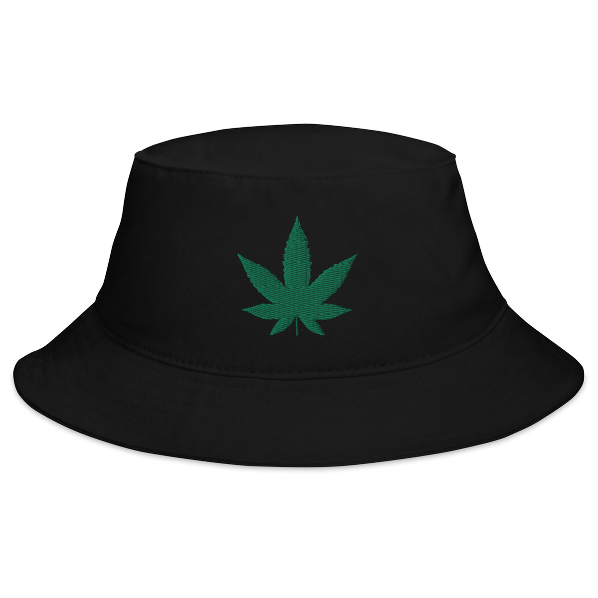 Black bucket hat with Marijuana Leaf Cannabis Plant embroidered artwork, front view