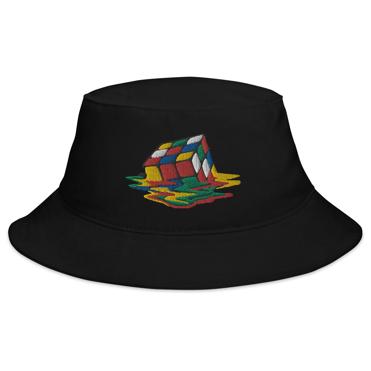 Black bucket hat with Melting Speed Cube Gaming Puzzle Box embroidered artwork, front view