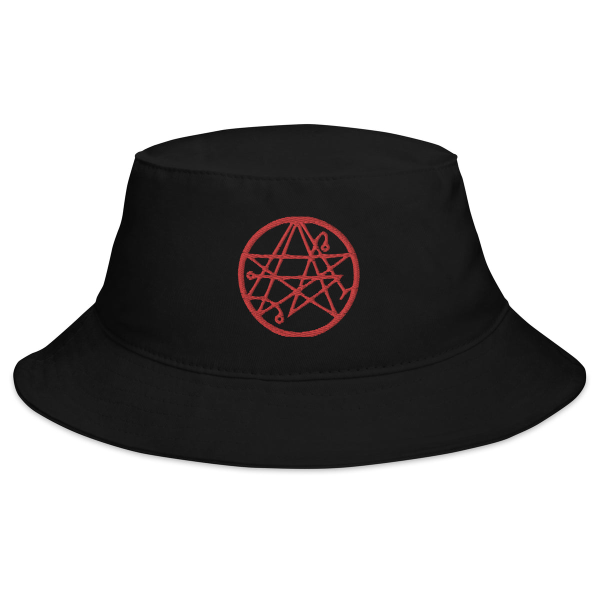 Black bucket hat with Necronomicon Symbol The Book of Dead embroidered artwork, front view