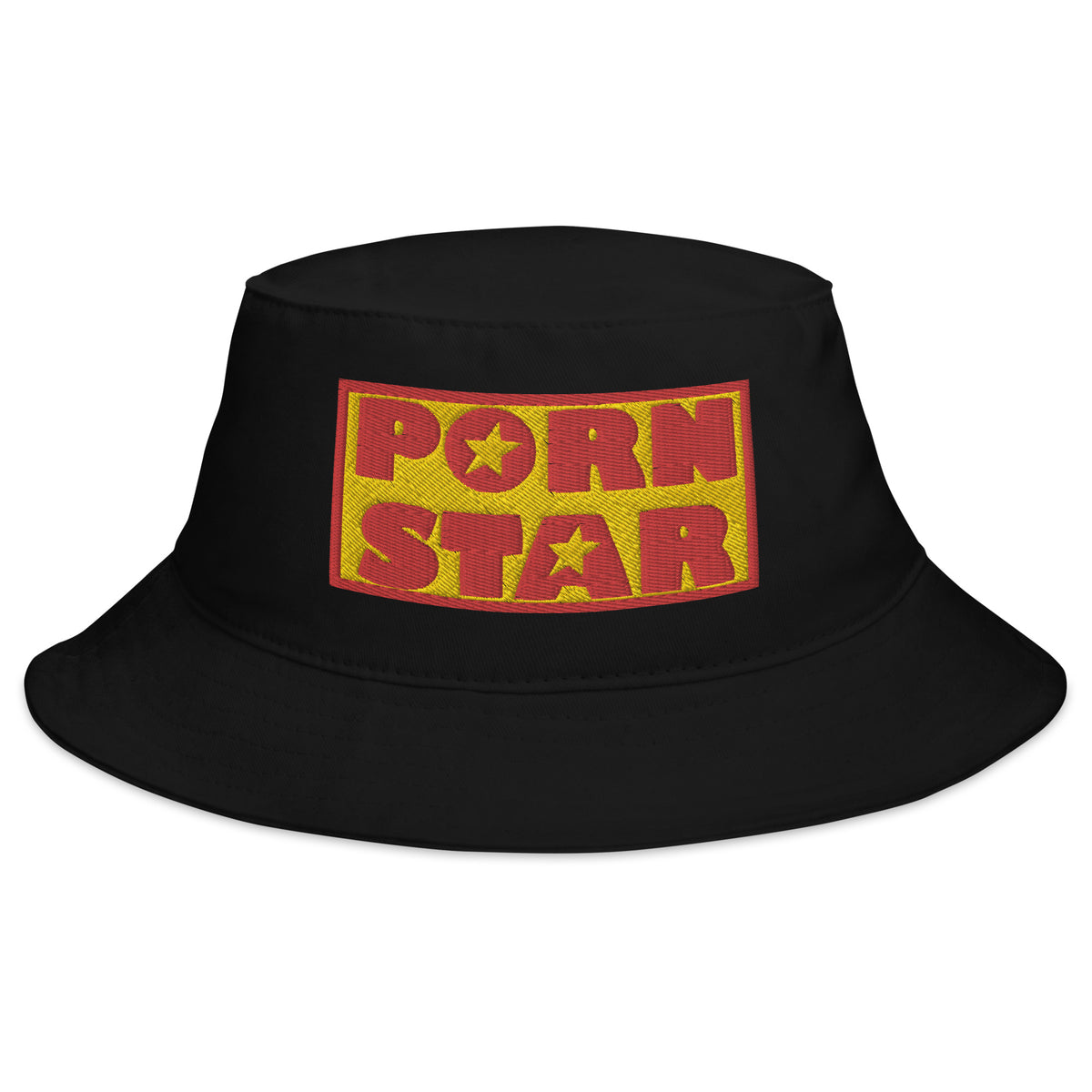 Black bucket hat with Occupation Porn Star Logo embroidered artwork, front view