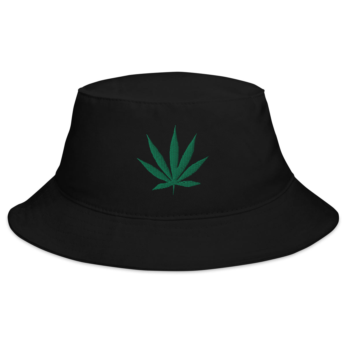 Black bucket hat with Pot Leaf Marijuana embroidered artwork, front view