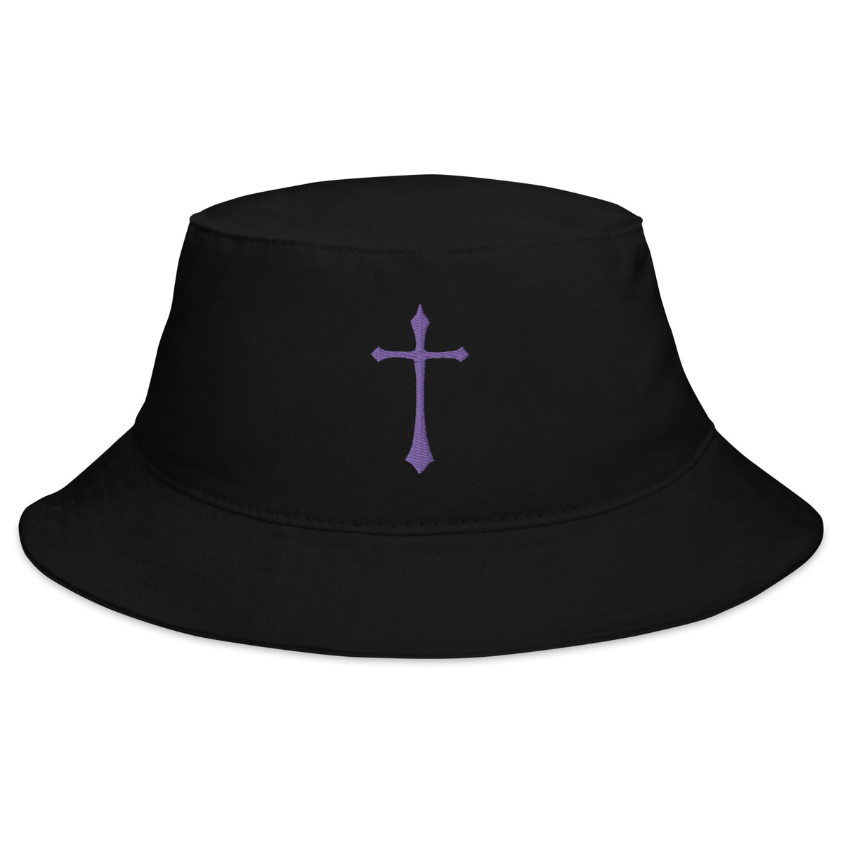 Black bucket hat with Purple Gothic Ancient Medeival Cross embroidered artwork, front view