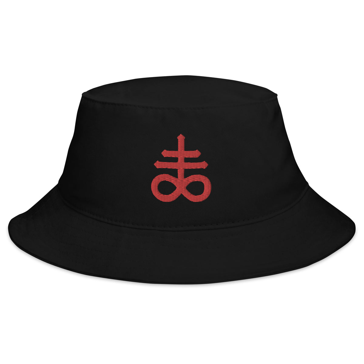 Black bucket hat with Red The Leviathan Cross of Satan Occult Symbol embroidered artwork, front view
