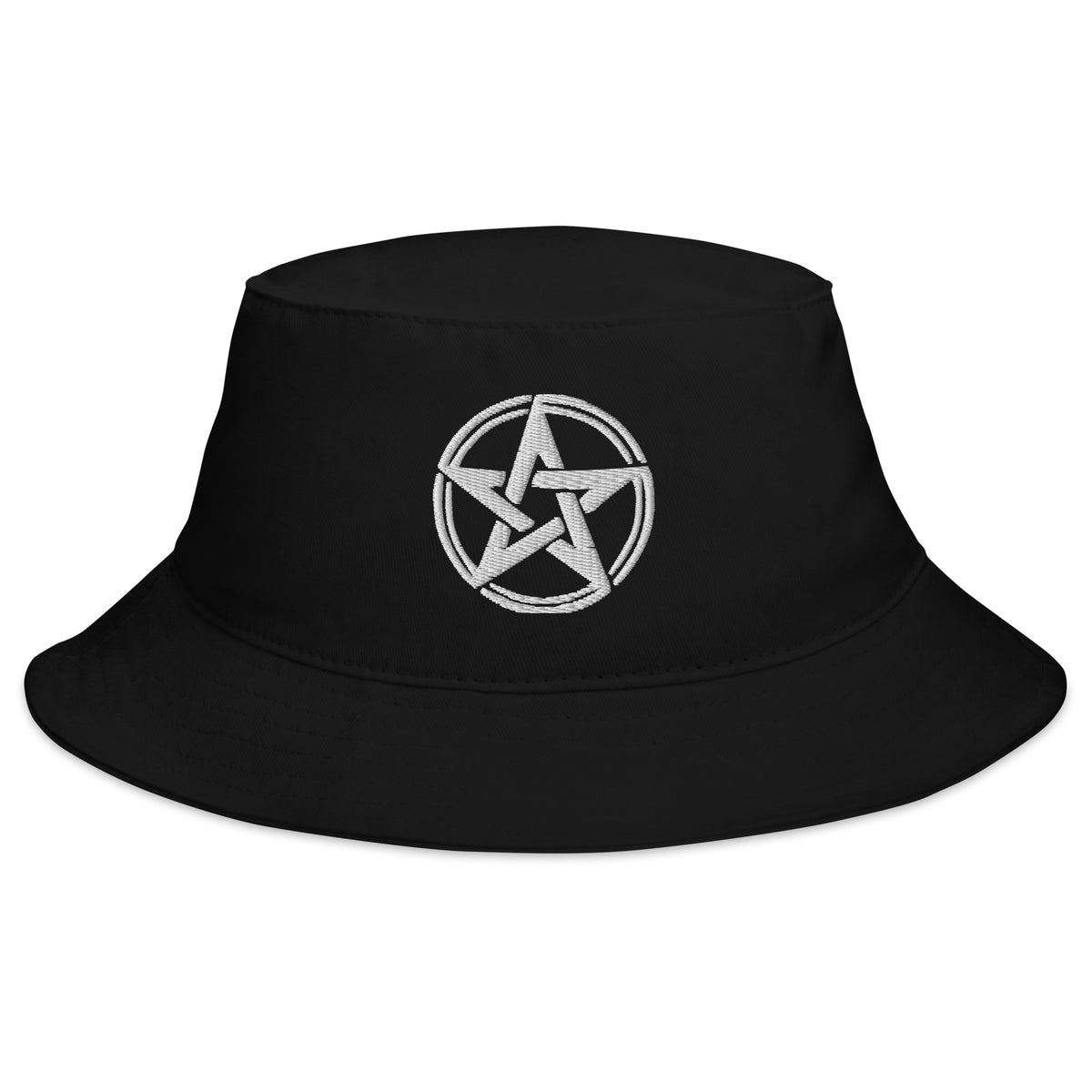 Black bucket hat with White Witching Hour Woven Pentagram embroidered artwork, front view