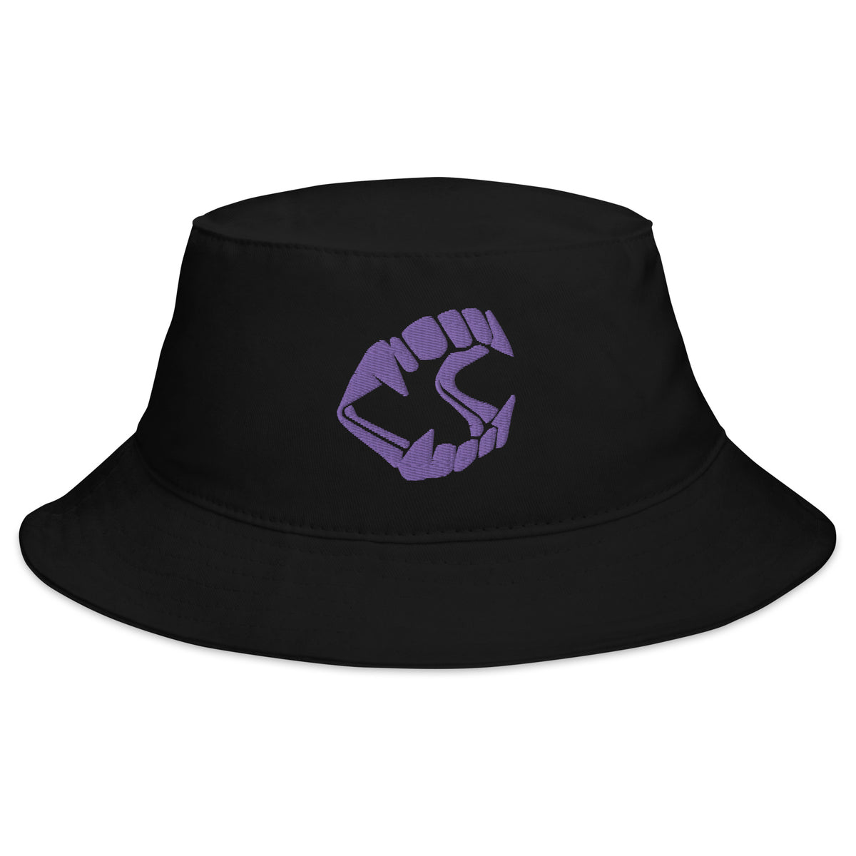 Black bucket hat with Purple Vampire Fangs Novelty Halloween Toy Trick or Treat embroidered artwork, front view