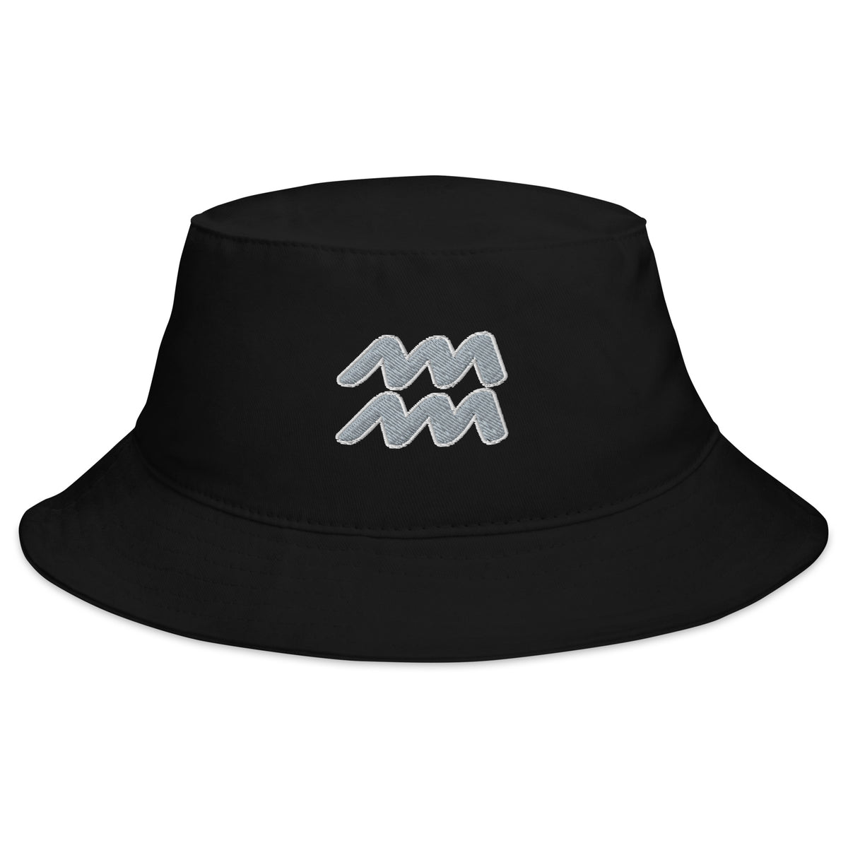 Black bucket hat with Zodiac Sign Aquarius embroidered artwork, front view