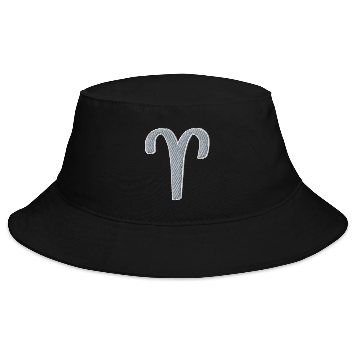 Black bucket hat with Zodiac Sign Aries embroidered artwork, front view