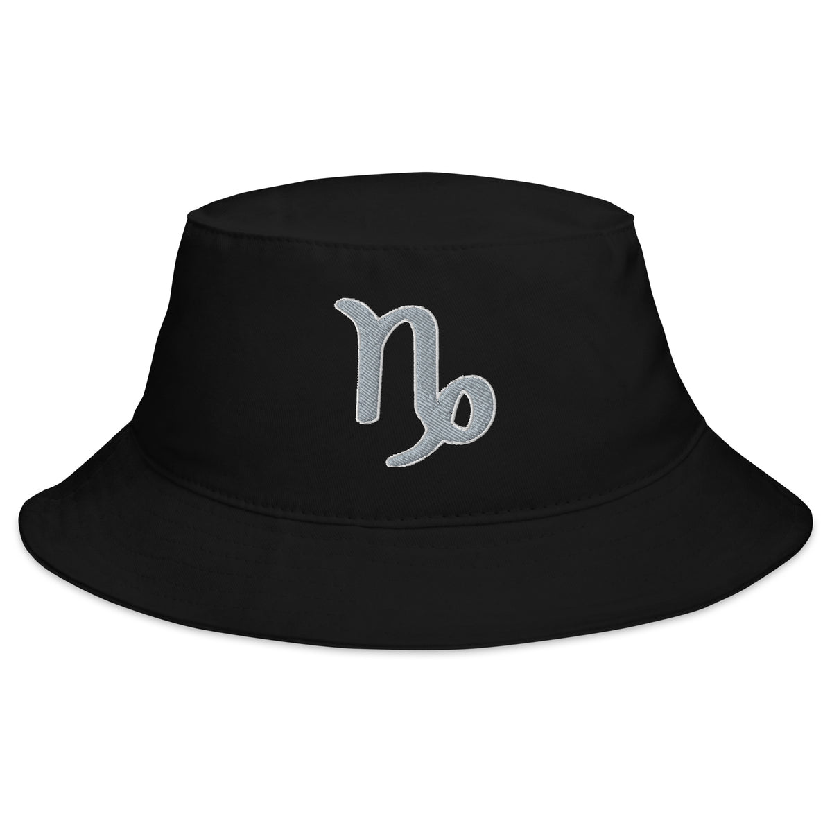 Black bucket hat with Zodiac Sign Capricorn embroidered artwork, front view