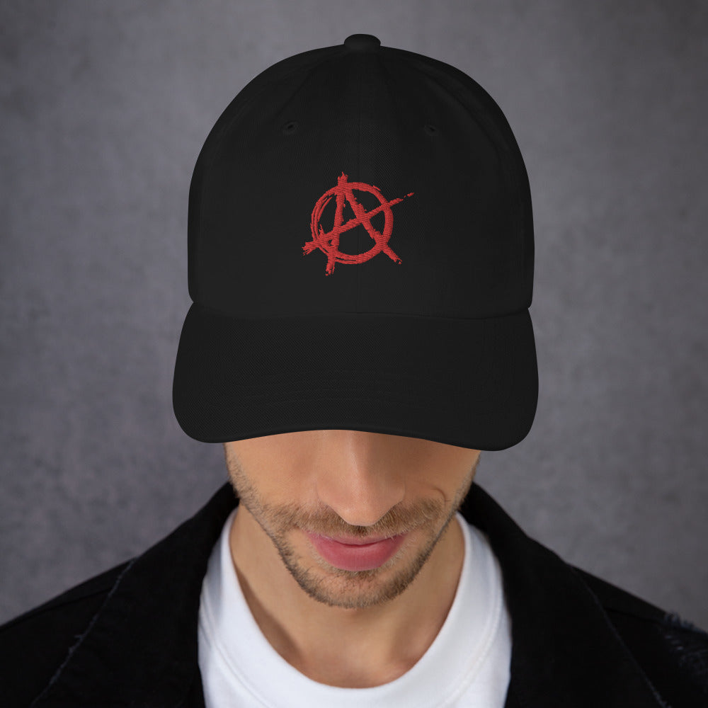 Anarchy Sign Punk Chaos and Rock n' Roll Embroidered Baseball Cap Dad hat Red Thread - Edge of Life Designs