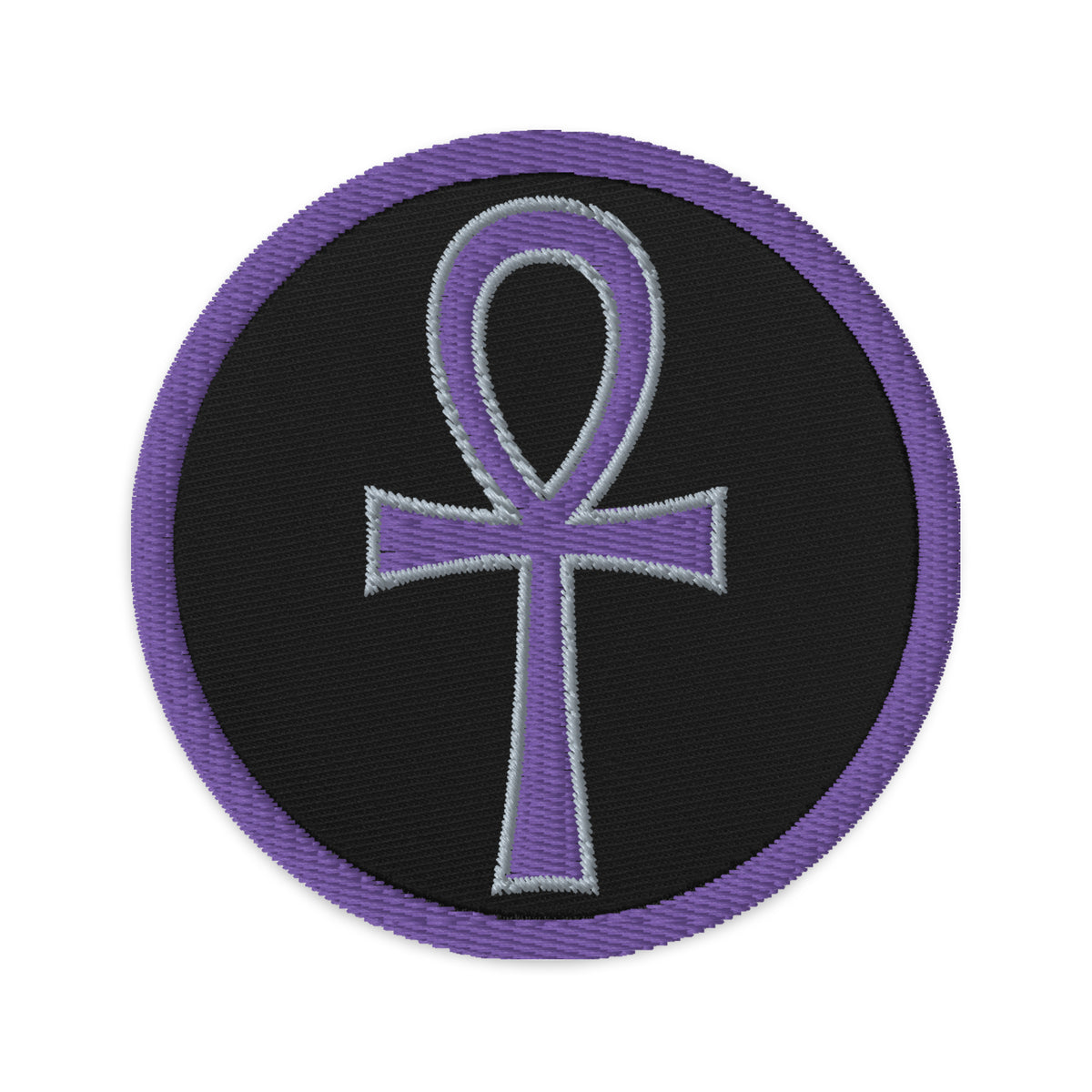 Circular embroidered patch featuring Purple The Key of Life Ankh Ancient Egyptian Culture, front view