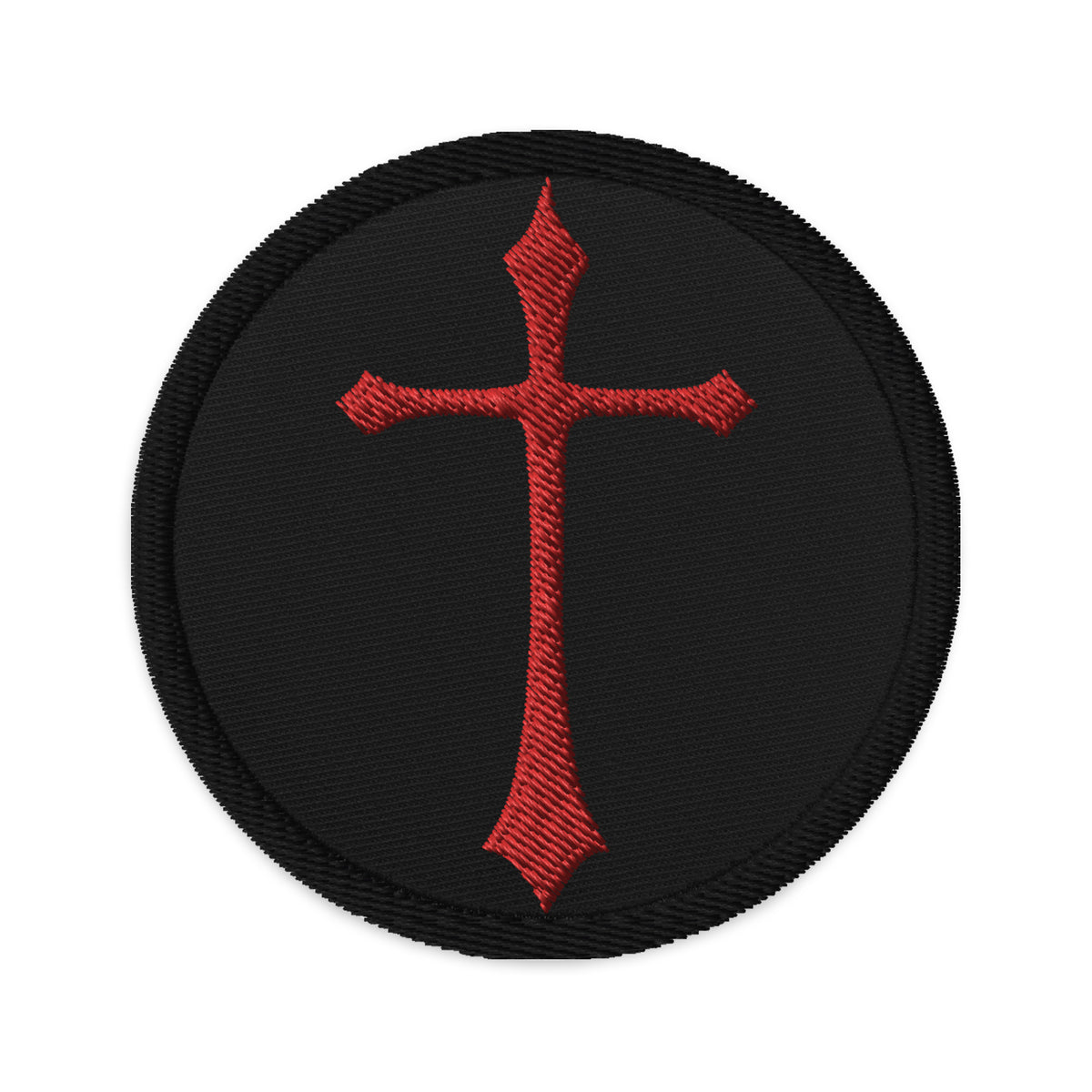 Circular embroidered patch featuring Red Gothic Ancient Medeival Cross, front view