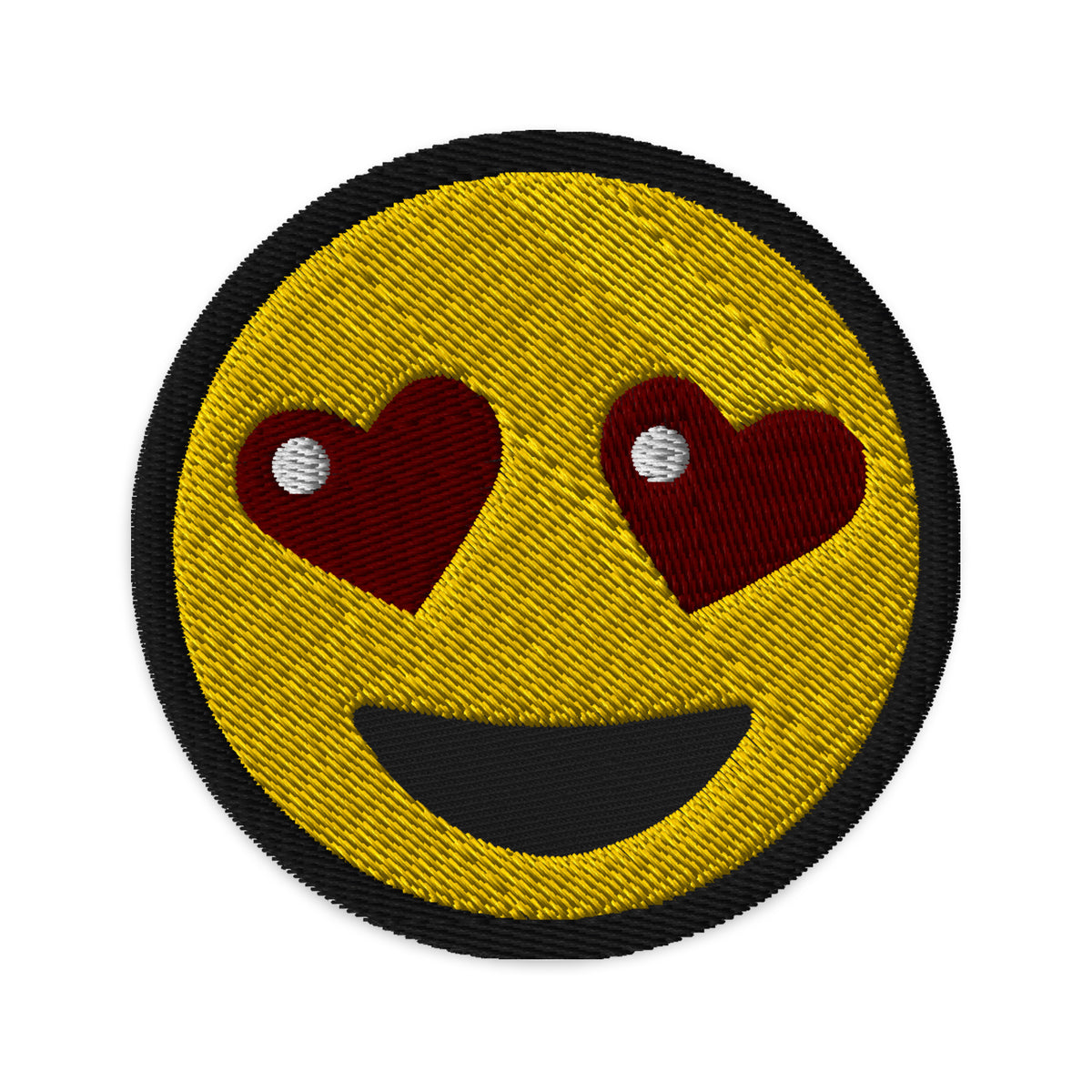 Circular embroidered patch featuring Heart-Eyes Emoji, front view