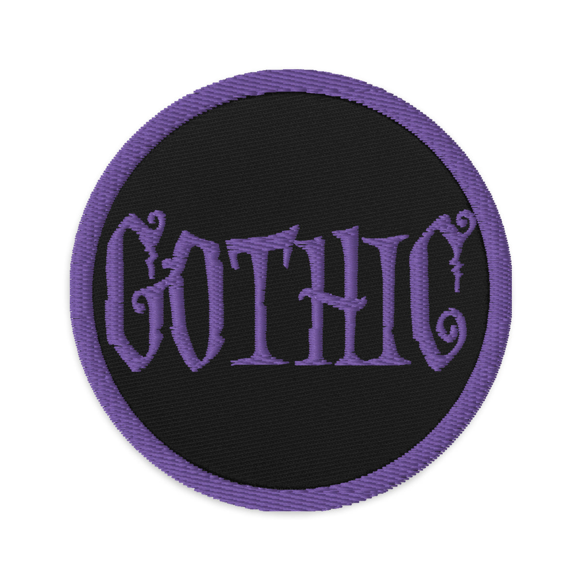 Circular embroidered patch featuring Purple Gothic Dramatic Style, front view